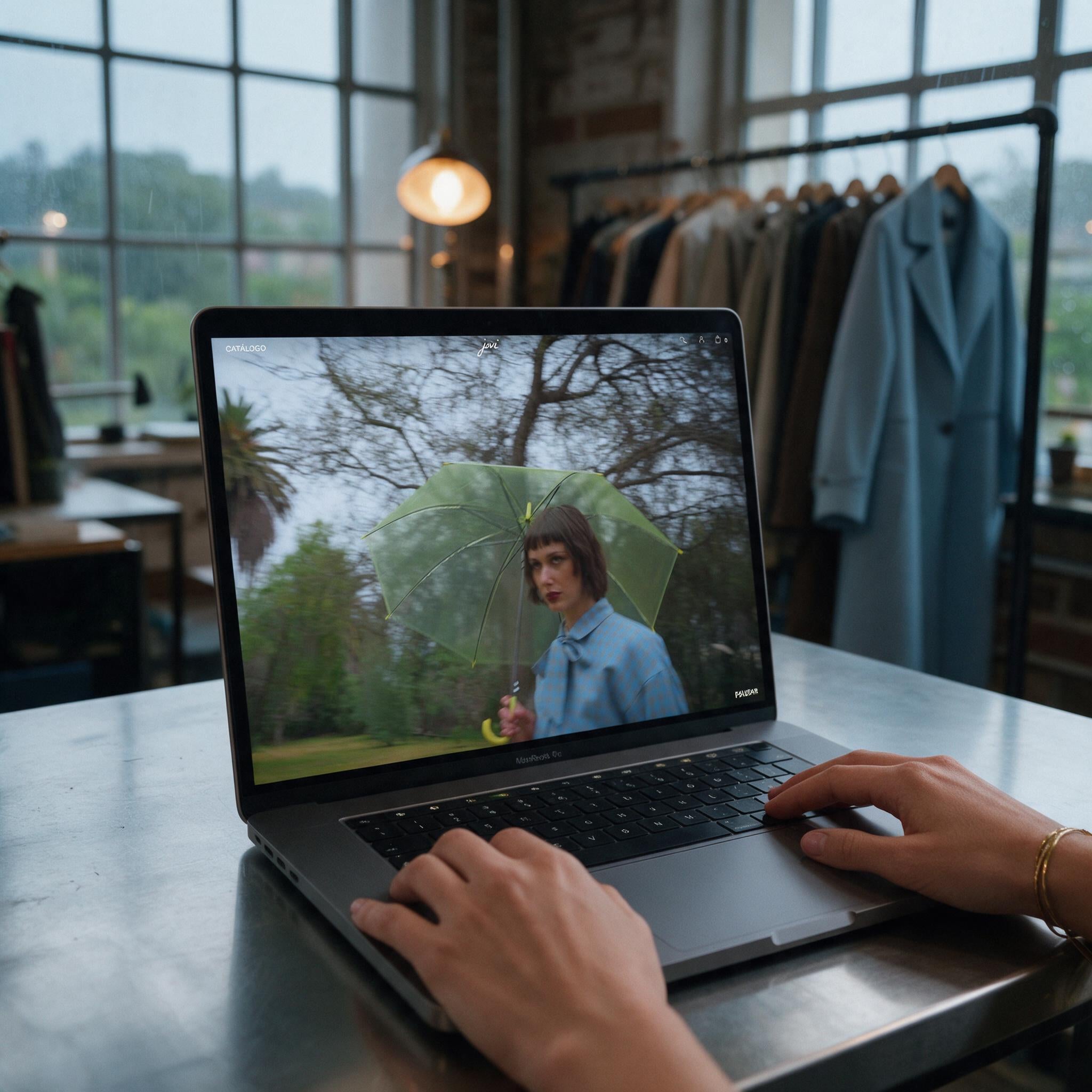 MacBook Pro con el sitio de Jovi Vestuario en un estudio de moda, fotografía cinematográfica analógica de 35 mm