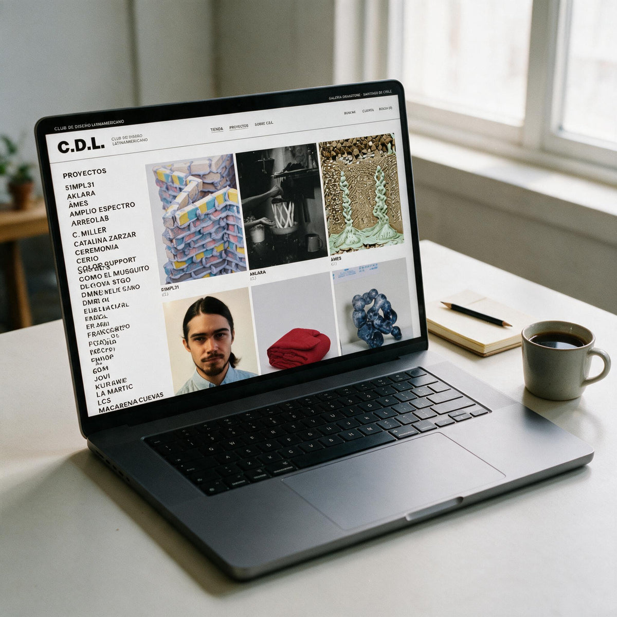 Proyectos de CDL en MacBook Pro dentro de una galería, fotografía cinematográfica analógica de 35 mm