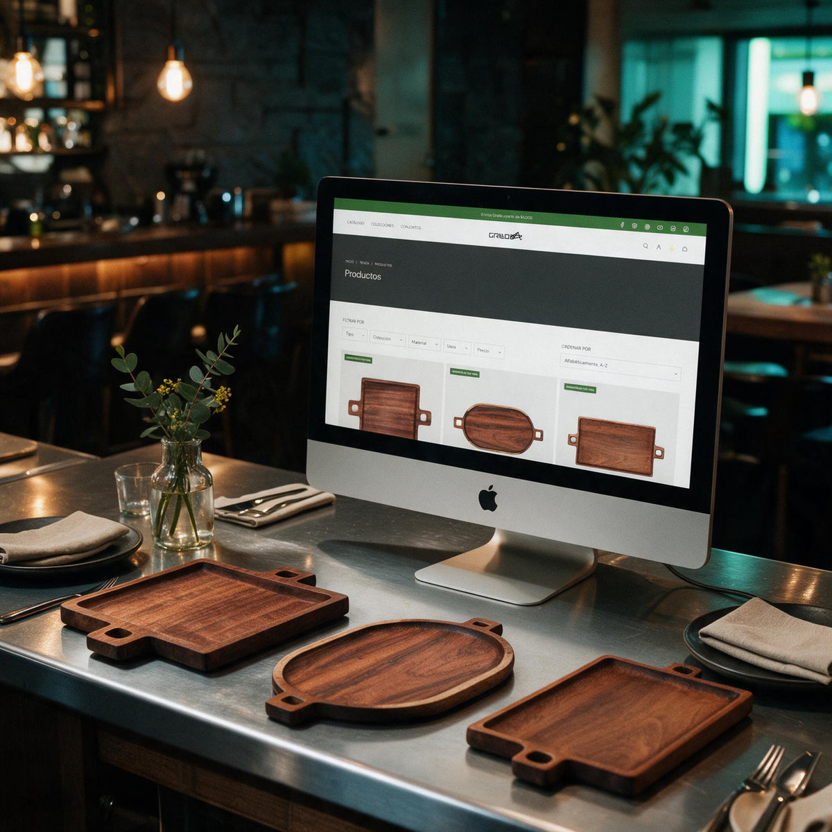 Colección de GrilloLab en iMac dentro de un restaurante, fotografía cinematográfica analógica de 35 mm