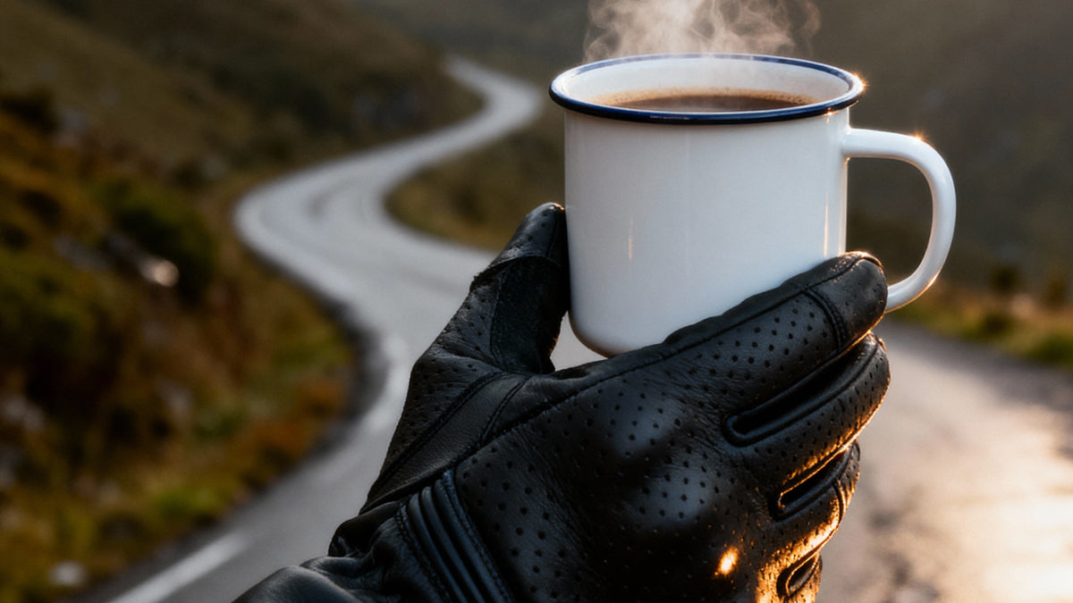 Growth Partner B2C — Machine Garage — guante de motociclismo junto a café · seleccion-aprobada-2026-09-08 · 3/6