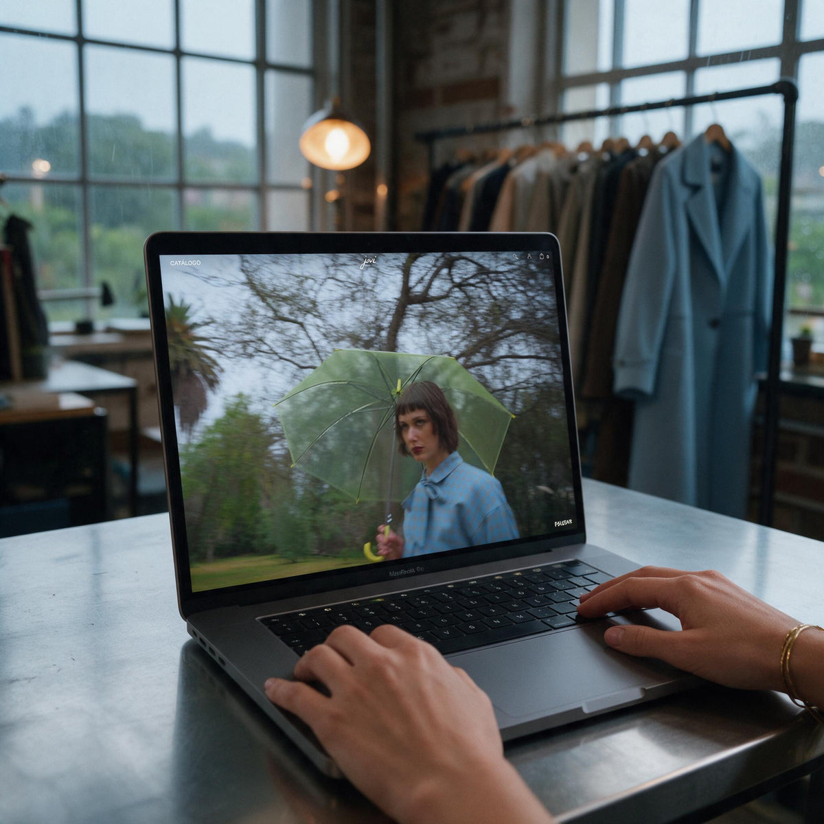 MacBook Pro con el sitio de Jovi Vestuario en un estudio de moda, fotografía cinematográfica analógica de 35 mm