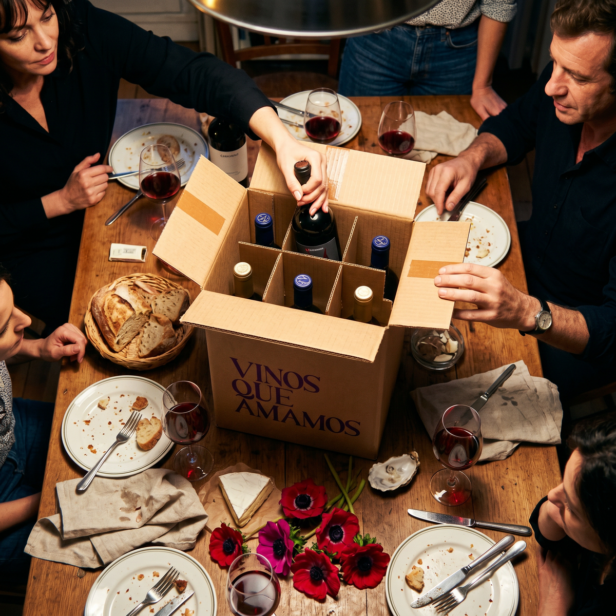 Vinos Que Amamos — una caja, la mesa resuelta