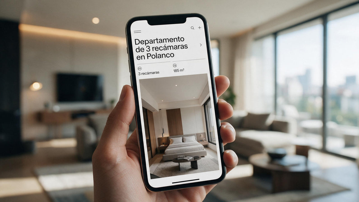 Sitio Web Autoadministrable — departamento de tres recámaras presentado en una ficha inmobiliaria móvil
